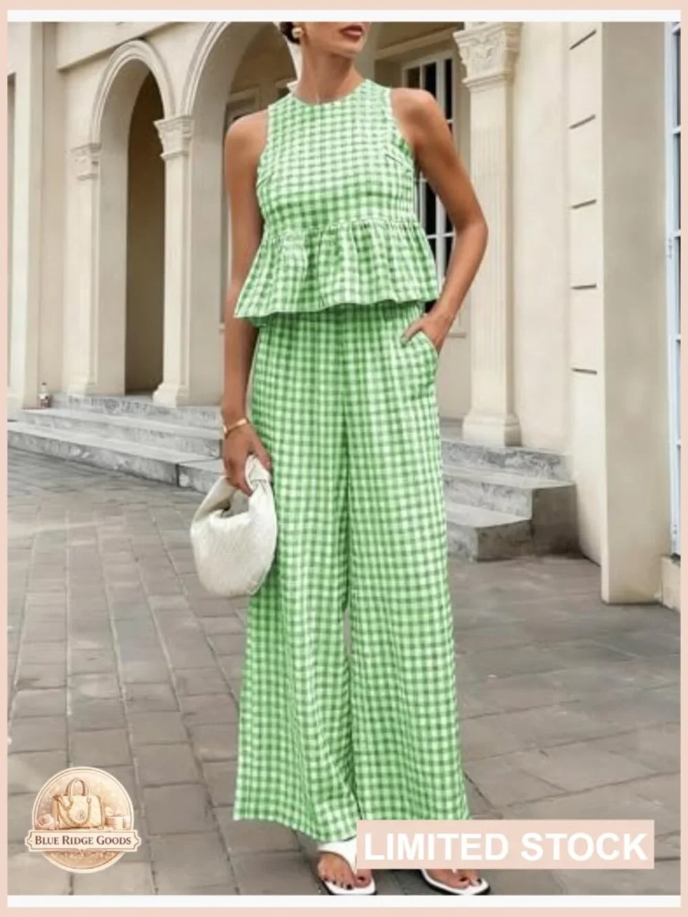 Gingham Plaid Sleeveless Ruffle Tank and Wide Leg Pants Set Summer Matching